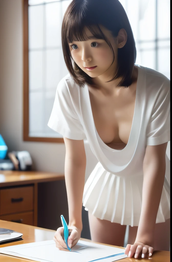 masterpiece、best qualtiy、(Dark photograph: 1.3)、Photorealsitic、1girl in、flat bangs、Stunning innocent symmetrical face、The shirt、emotional、Orchan、(pureerosface_v1:0.7)、Colossal tits、atlibrary、Studying、Big buttocks、short-cut