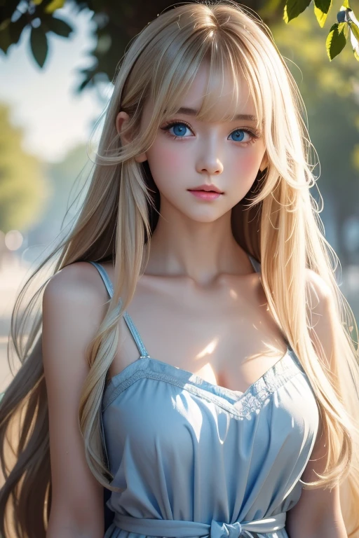 Bright expression、 Photorealism、 top quality、超A high resolution、picture、Photo of a very beautiful girl of Scandinavian origin、Extraordinary, very white, beautiful girl in the world 、 cute and beautiful face details 、( Pueros Face _v1:0.008)、美しいbangs、 Alice in Wonderland、first time々16 ******** with an innocent young face 、Radiant, fair, glowing skin、Facial hair、顔まで伸びるbangs、目の間のbangs、 super long hair 、Glamorous bright natural platinum blonde super long straight silky hair、Thin Hair、 charming, beautiful, bright, very bright, light blue eyes、 white apron、 Blue Dress 、 eyeliner 、 double eyelids 、Ample Bust、 long hair, bangs, Blonde, 目の間のbangs, とても long hair,  hair to hide one eye,  shiny hair, Straight Hair, Hair in the eyes, Super long hair, Too much hair,  unknotted hair, 