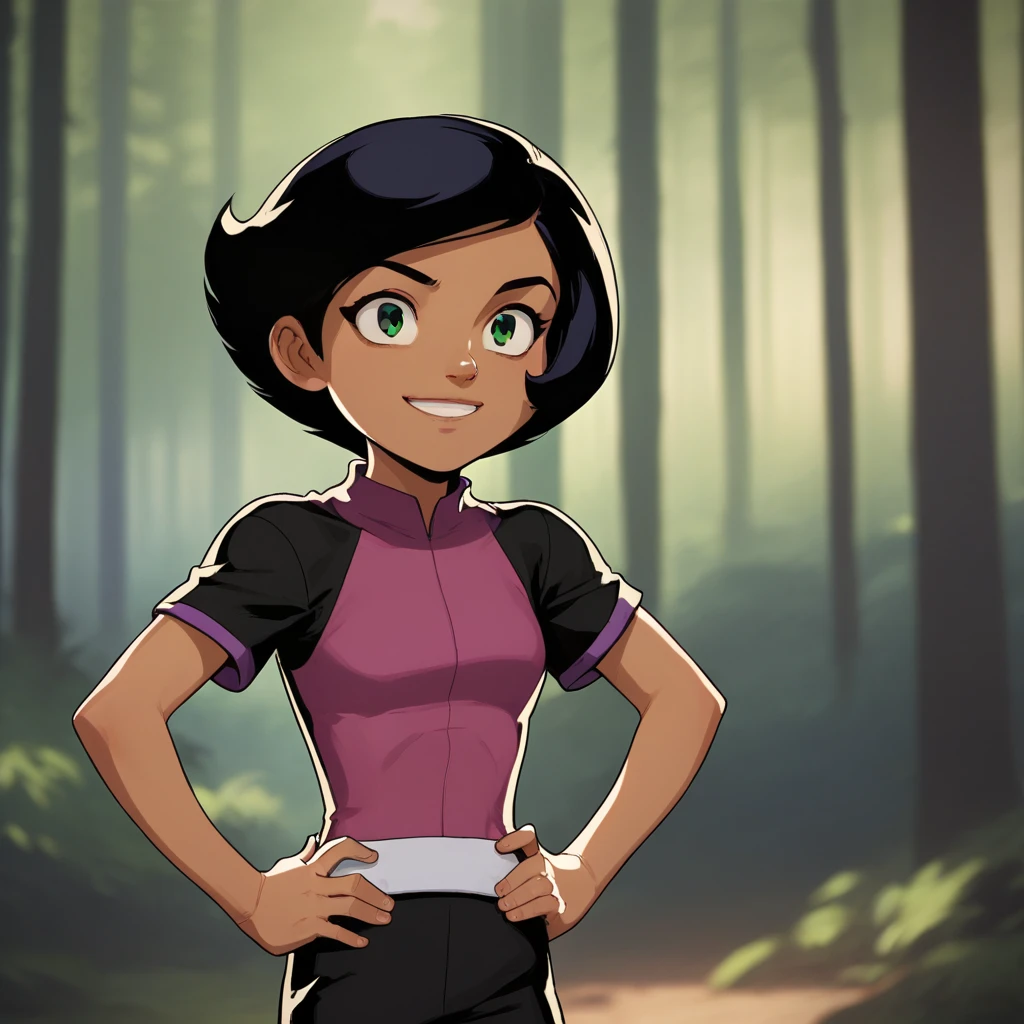 score_7_up, BREAK, 1girl, solo, Megan, black hair, short hair, green eyes,  tan, dark skin,  forest, blurry background, standing, hands on hips, smile, black short sleeves