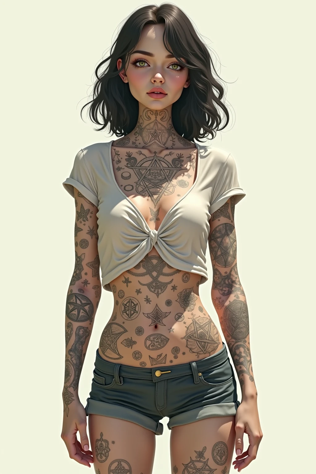 （（best qualtiy））， （（tmasterpiece））， （The is very detailed：1.3）， Kizi，Raised sexy，detailed tattoos，Ragged shorts on the bottom，Wear only an open jacket on the upper body，long whitr hair，NSFW，
