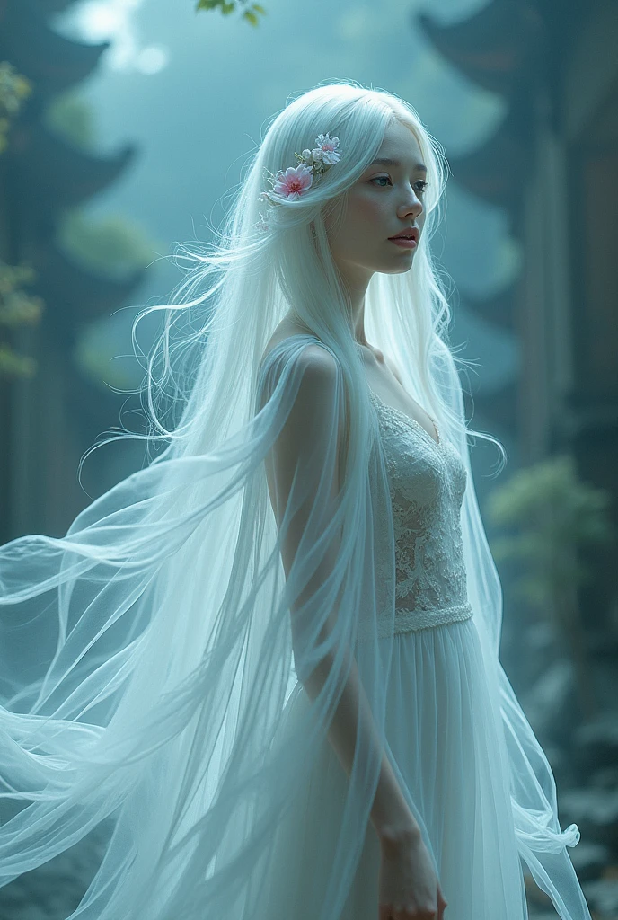 Shinigami, the Goddess of Connection, the Bridge of Life and Death, the Soul of All Life, the Picker, and the Punisher
Clothes:
Shinigami’s kimono is pale and ethereal, with colors that seem to fade into the air around her. The fabric is slightly transparent, offering glimpses of her pale, flawless skin beneath. The design is more traditional, yet it carries an eerie, ghostly beauty. The kimono’s sleeves are long and flowy, resembling the robes of ancient priests or reapers. The subtle eroticism in her attire lies in its delicacy and the way it clings to her form, hinting at the mysteries she embodies.

Appearance:
Shinigami’s hair shifts between shades of grey and silver, as if reflecting the twilight between life and death. Her eyes are pale, almost white, giving her an otherworldly gaze that is both captivating and unsettling. Her lips are a soft, pale pink, and her expression is calm and detached, embodying the inevitability of death. Her fair skin adds to her ethereal presence, making her appear as though she exists on the border between worlds.