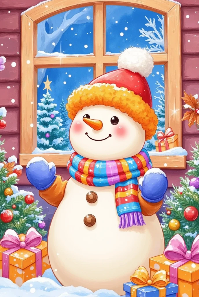 A snowman with gloves outside the window, A pastel painting by Nil Gleyen, shutterstock, Arts and Crafts, Cold, season!! : 🌸 ☀ 🍂 ❄, snowflake，Gift，warmth smile, The official picture , illustration!, warmth, Snowfall, In the snow, Andy Parker , winter, Snow Snow, winter In the snow, Traditional Art, Snow light , snow