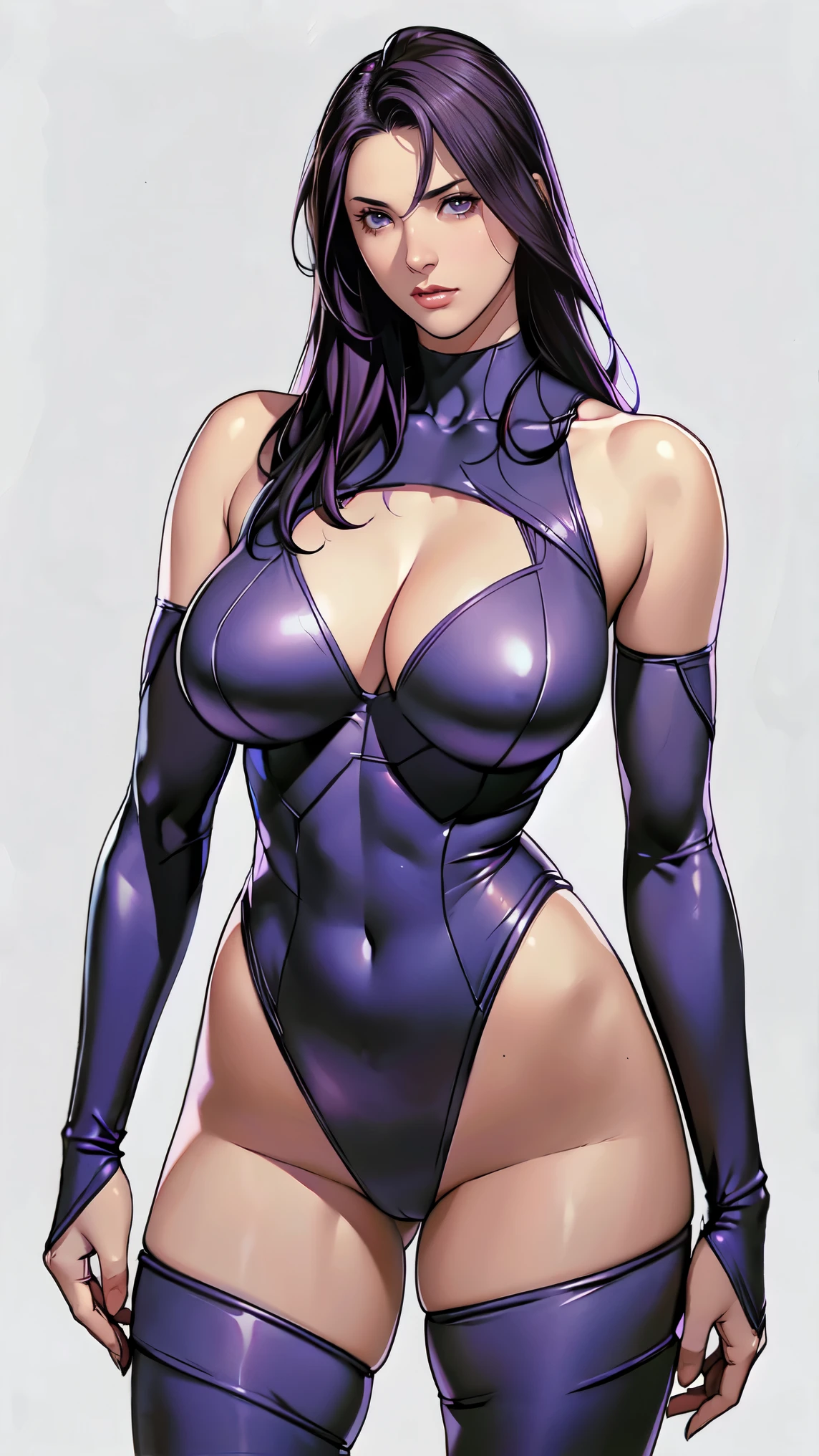  Alone ， Dark Style，confidence lol，Mature and beautiful ， pretty eyes，Perfect hands，Broad shoulders，purple tight suit，Standing， Curved Body， big  saggy，See cleavage， Exposed Thighs ，(灵蝶，Posylocke )，From X-Men， white background 