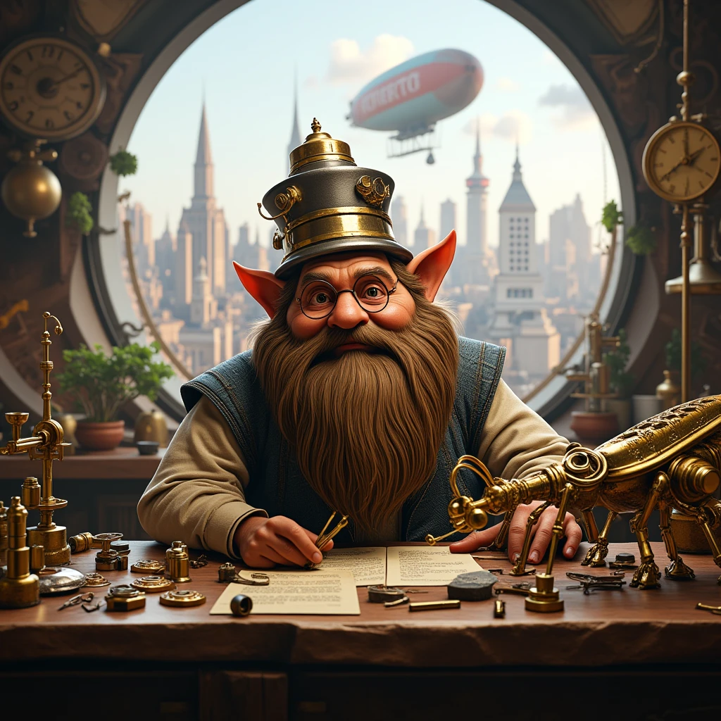 Невероятный гном ученый в стиле steampunk,thick beard,  mechanical monocle , cylinder on his head ,  Exploring on his desk (workbench )  mechanical insect made of brass and steel ( large mechanical locust ),позади него в огромное окно виден город в стиле steampunk, a steam airship flies past ,buildings ,steampunk, steam propulsion ,стиль steampunk,maximum quality , photorealism ,16k render , dwarf scientist ,steampunk,одежды 18 века steampunk, mass of mechanisms , screwdrivers and pizzettes on his desk ,