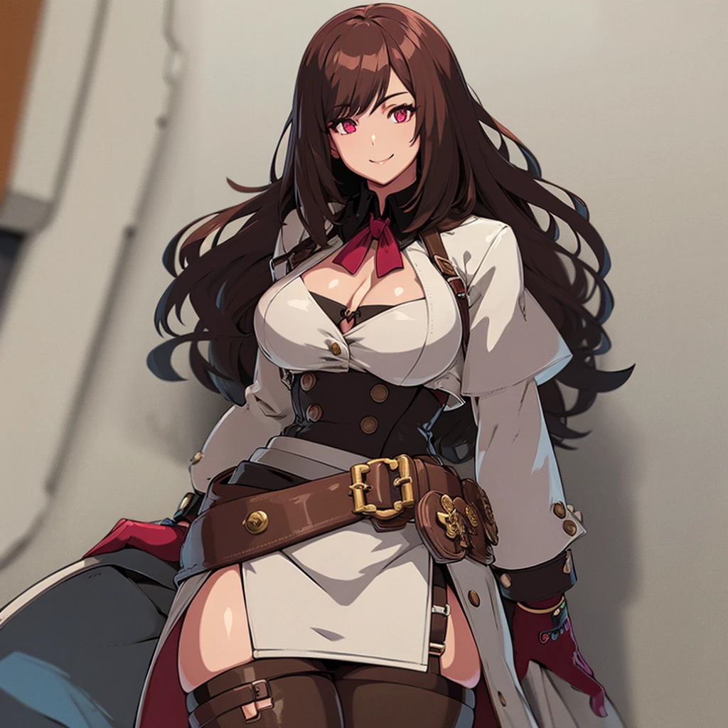 High detailed, 1 girl, solo, Brown colored hair, brown hair, pink eyes,  busty, firm chunky body, burgundy shirt, , deep cleavage, Juliet sleeves, pencil skirt, black thighhighs, red gloves, Waist chains, smilling 