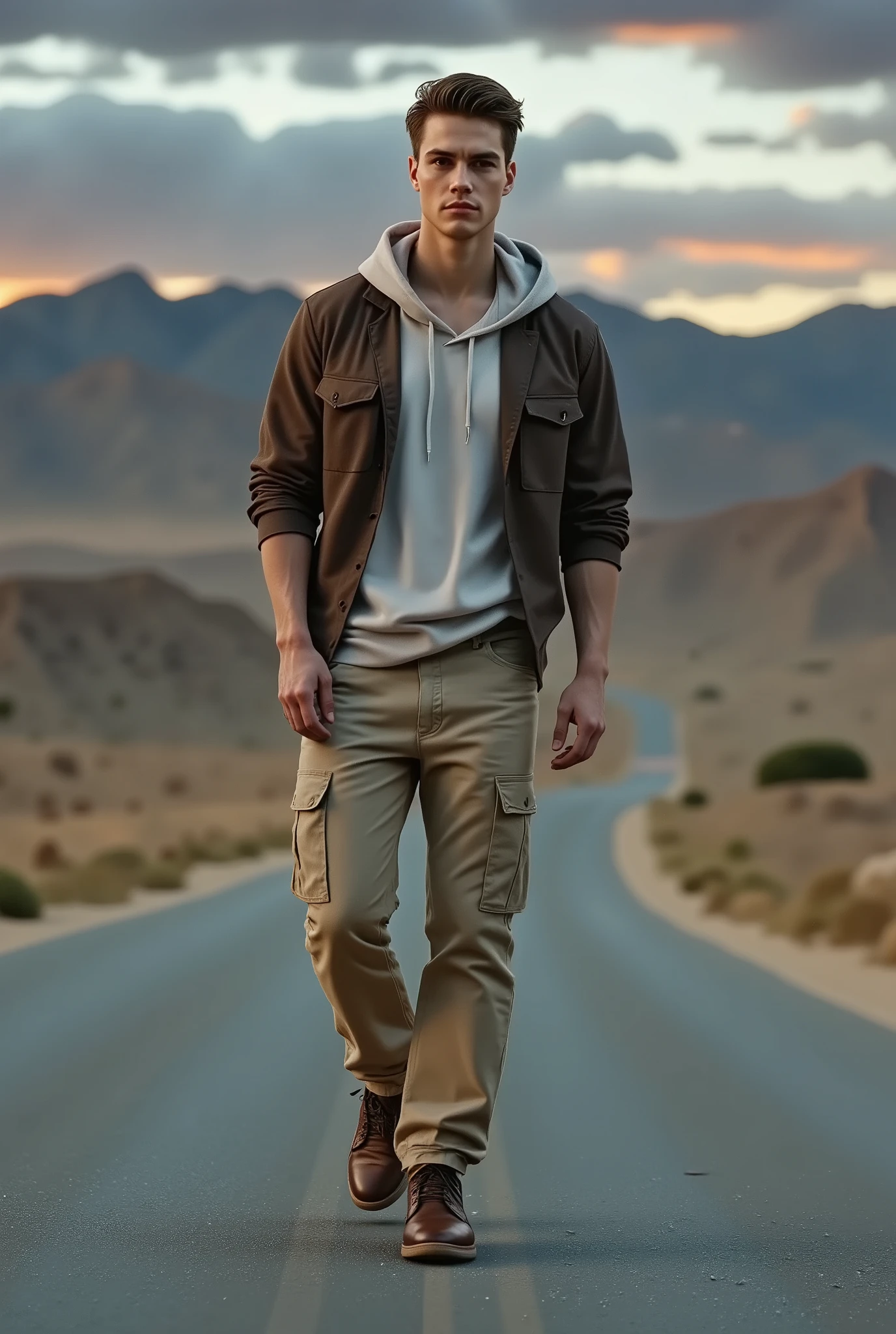 imagen grabada de un hombre caminando por una carretera con una camiSa abierta color marrón tierra, Sudadera blanca, pantaloneS anchoS con muchoS bolSilloS de coloreS tierraS claro, manoS en loS bolSilloS del pantalon, elegante Seguro de Si miSmo, paiSaje deSértico, summer, sunset, una repreSentación digital de Shinji Aramaki , tumblr, ¿qué eS?, uSando pantaloneS cargo, vintage advertisement of Levi &#39;S, ropa en el eStilo de 1 9 9 0, Ropa caSual, eStilo de Jordan Grimmer, Moda de loS añoS 90, eStilo genial, chiaroScuro, depth of field, cinematic lighting, Fujicolor, UHD, Retina, maSterpiece, Accurate, anatomically correct, textured Skin, Super detail, high detailS, high quality,  award winning , beSt quality, highreS, 1080P, HD, 16K