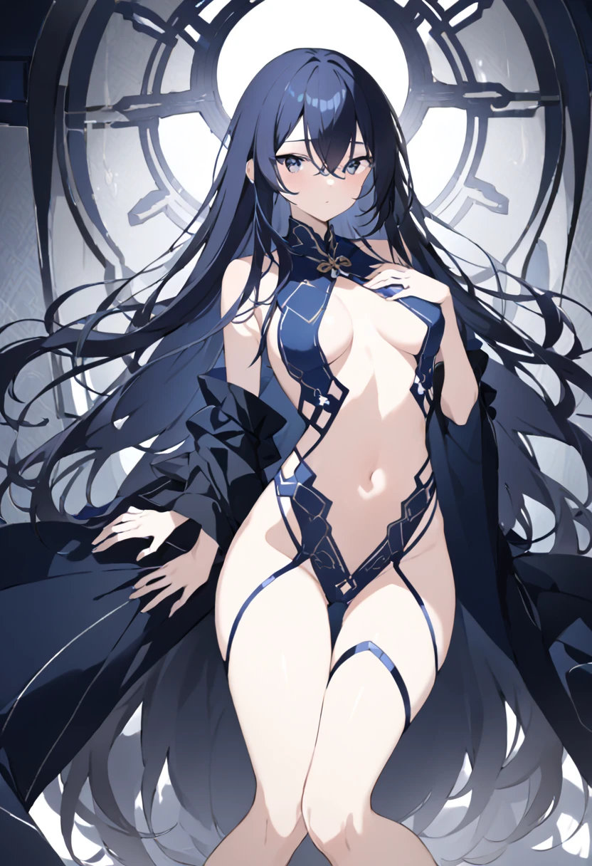  dark blue long hair　Revealing clothing　 open legs