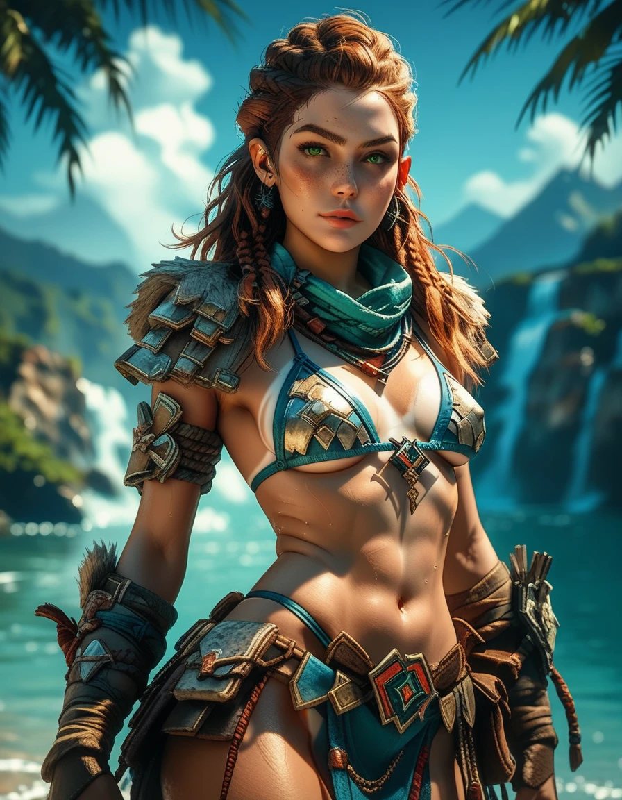 Source_real, 1girl, (Aloy), (Horizon Forbidden West Aloy);; slim and toned, reddish brown hair, braids and hair ornaments, big green eyes, (freckles), (small breasts), erect nipples, midriff, (thighs showing) (tan lines outside of bikini edge);; (wearing string only micro bikini), (bikini armor:1.27);; contrapposto stance, ((combat stances)) (wide angle:1.28);; outdoor mountain landscape background, vibrant color palette;; d3t41l3d, HFWAloy 