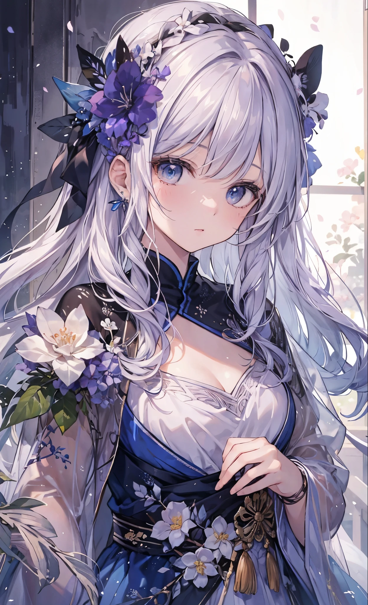  Official Art ,  European Women's Masterpiece ,,  Light Silver Hair  , Dark blue eyes、 top quality、 high resolution: 1.4),8k, Anime Art Nouveau, 高度细致精致的粉丝艺术, Anime fantasy illustration, clean  Fine Anime Art ,  Fine Anime Art ,  Clear Focus of a Person , Beautiful Beautiful Hair and Eyes and Face,  actual ,   Super Detailed  , garden,((Beautiful, Beautifulで可愛い手)),(( Elegant and Sparkling Gown )),((Many contests )),((Lots of decorations)),((Lots of ribbons))