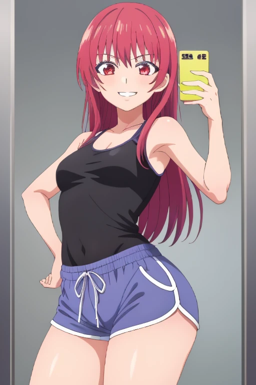 ((best quality)),((highly detailed)),masterpiece,absurdres,detailed face,beautiful face,(detailed eyes, deep eyes),1girl,((dynamic pose)) , saki,  bangs, red eyes, red hair, straight hair, looking at viewer, seductive smile,tank top, small breasts, dolphin shorts, anime, mirror selfie, holding phone, cowboy shot