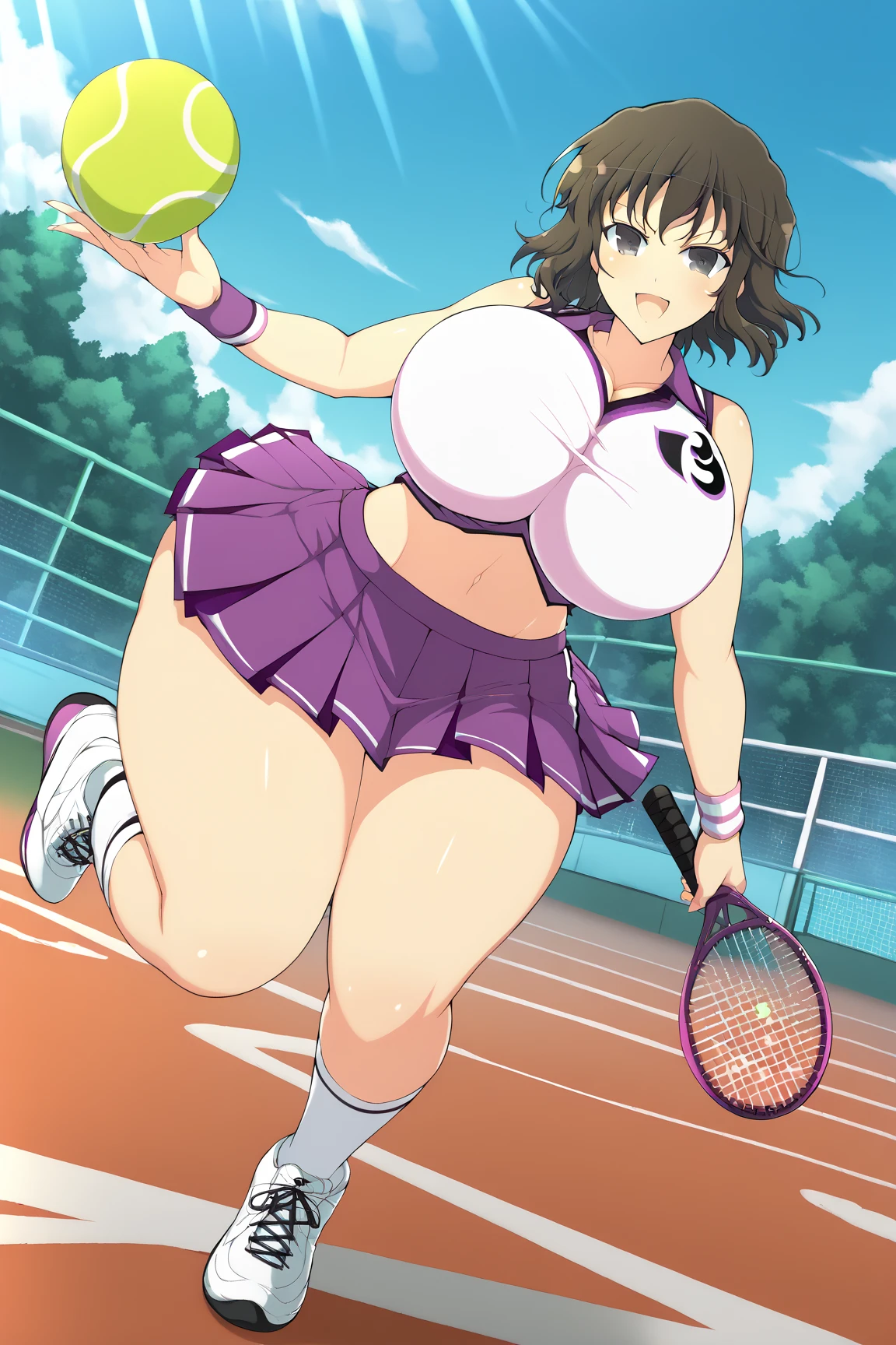 yaegashi nan, senran kagura, senran kagura burst, senran kagura new link,Inazuma 
, ,,  gigantic breasts, gigantic ass, giant thighs,score_8, score_7_up, score_6_up, 1girl, solo, source_cartoon, screencap, detailed face short hair, large breasts, pleated skirt,midriff,sleeveless,wristband,purple skirt,cheerleader,sportswear,tennis racket,tennis ball,socks,tennis shoes,