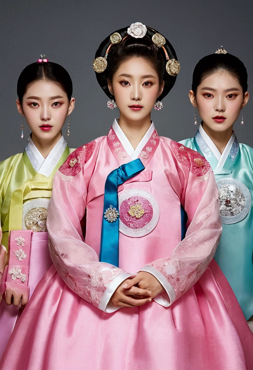 Five Korean men are all wearing the same female hanbok, they are all crossdressers, they are all face and hairstyle are very masculine, silk, Mother of the Bride hanbok Dress Outfit, breasts like a woman, white and pink, slender female body, see-through jacket, satin