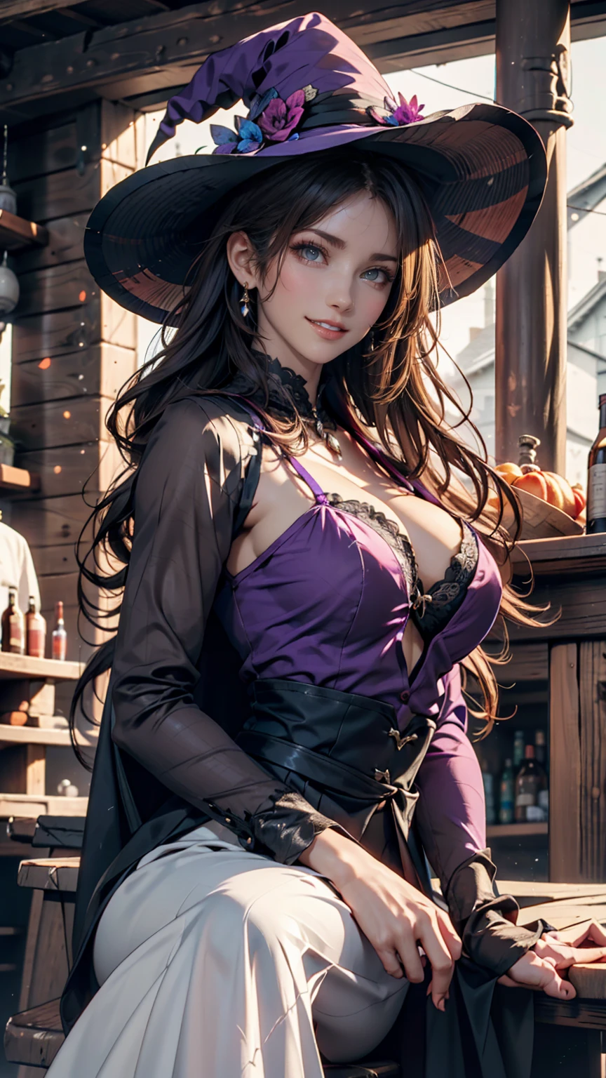 masterpiece, 32k uhd best quality, highly detailed, 1 girl, solo, giclorinde, purple eyes, big breasts, hair between eyes, long hair, dark blue hair, earrings, black skirt, miniskirt, pantyhose, purple ascot, purple capelet, black corset , black pantyhose, black skirt, white gloves, hat, tricorn hat, in fontaine.
