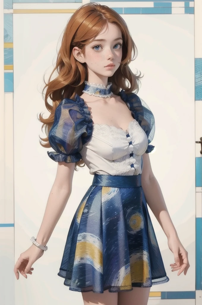 masterpiece,  are of the best quality, 1 Girl, van gogh, skirt, Short sleeve,  puffy sleeves , puffy Short sleeve, blue skirt, short skirt, unique ,  Fr3ckles, freckle,  long hair,  ginger hair , Curvy Beauty,  white background ,