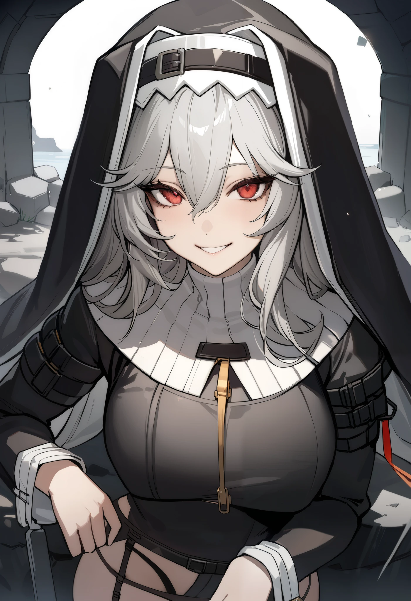 masterpiece,  top quality,  1 girl,  from the front,  upper body, Specter \( Arknights),  Arknights, smile, Gray Hair, Red Eyes,  clevis on a stone, Nuns,  Garter Belt ,  absurd 