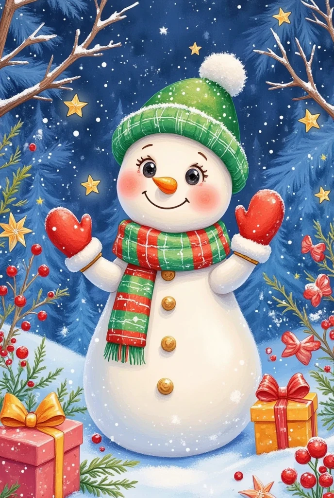 A snowman with gloves outside the window, A pastel painting by Nil Gleyen, shutterstock, Arts and Crafts, Cold, season!! : 🌸 ☀ 🍂 ❄, snowflake，Gift，warmth smile, The official picture , illustration!, warmth, Snowfall, In the snow, Andy Parker , winter, Snow Snow, winter In the snow, Traditional Art, Snow light , snow