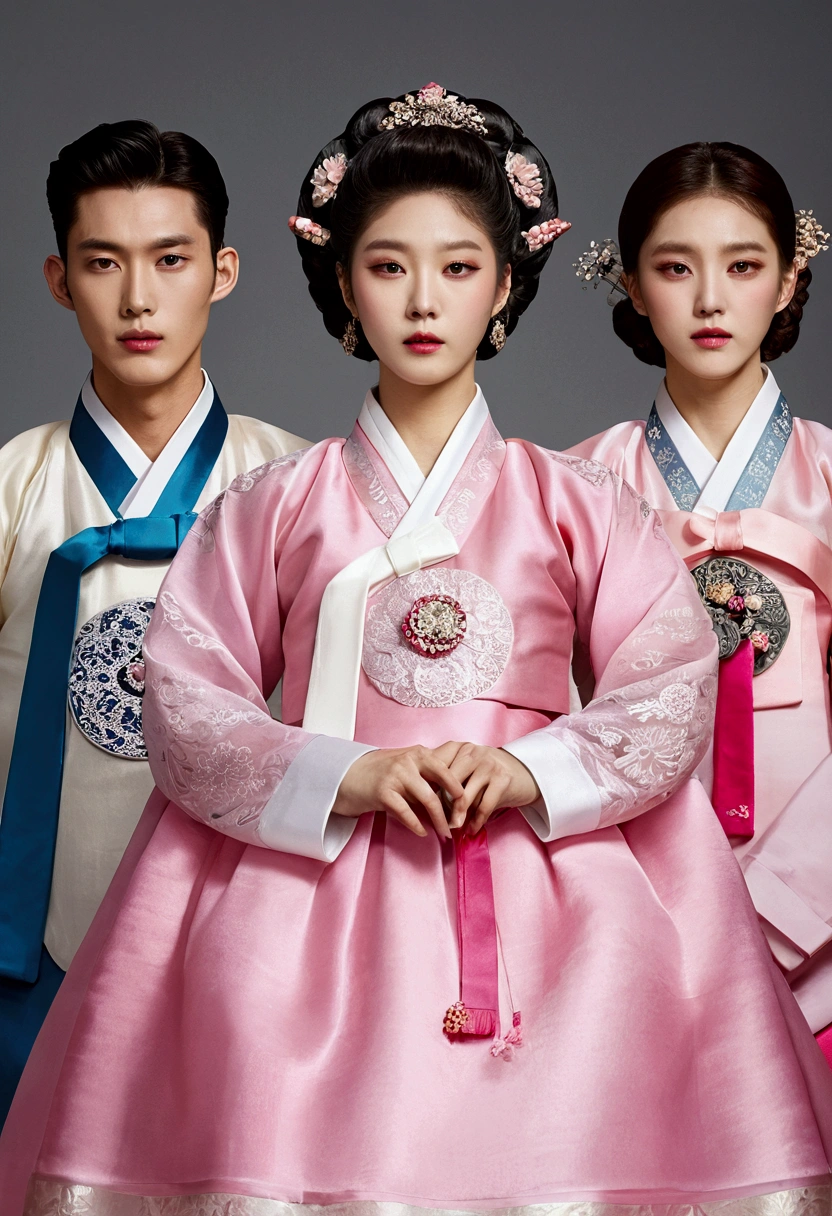 Five Korean men are all wearing the same female hanbok, they are all crossdressers, they are all face and hairstyle are very masculine, silk, Mother of the Bride hanbok Dress Outfit, breasts like a woman, white and pink, slender female body, see-through jacket, satin, 앉은 자세