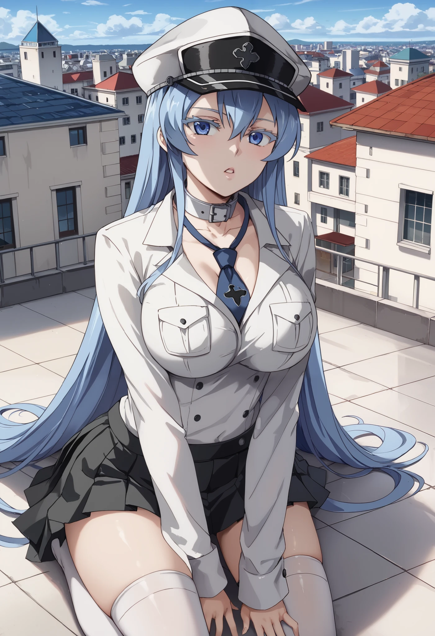 esdeath, blue eyes, blue hair, long hair, BIG BREASTS, eyelashes, red face, Kneel, looking up at viewers on the roof floor of the ,((white shirt with collar、 Long Sleeve 、 navy blue tie 、 navy pleated mini skirt)),((white_Thigh length)),Collapsed building、Tokyo、At night、hat