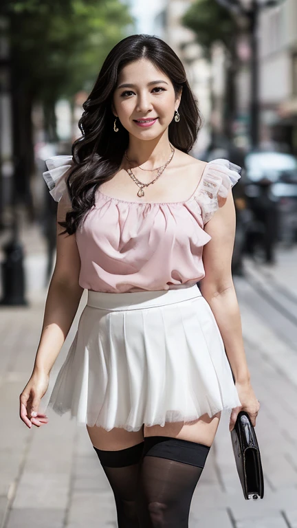 full body shot, from below,  japanese mature, 48 years old,  detailed face , Facial wrinkles, Wrinkles around the eyes, smile,  Detailed Skin Textures ,  white skin,  DARK MAKEUP ,  long hair, (curvy body,  plump thighs:1.2), (earrings,  Necklaces ,  white blouse with ruffles, pink tulle skirt, mini skirt:1.2), (black thighhighs,  wearing high heels:1.2), (Standing on the sidewalk,  full body shot from toe to head wearing black high heels:1.2), (surrealism, best quality, ultra detailed, absolutely resolution, 8k, anatomically correct), depth of field, looking at viewer, tachi-e, (bimajo ), (JMA), full body,  detailed face 
