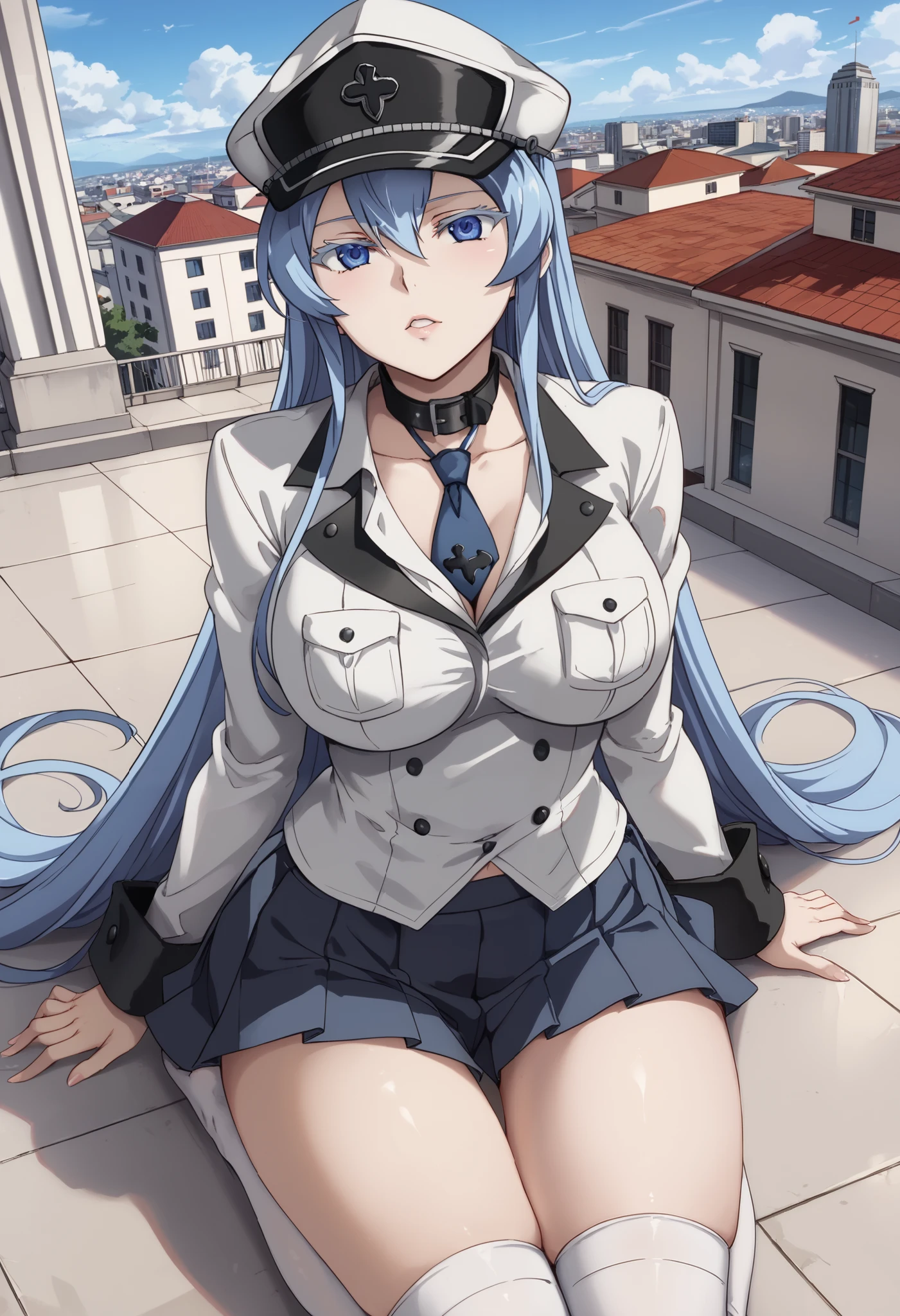 esdeath, blue eyes, blue hair, long hair, BIG BREASTS, eyelashes, red face, Kneel, looking up at viewers on the roof floor of the ,((white shirt with collar、 Long Sleeve 、 navy blue tie 、 navy pleated mini skirt)),((white_Thigh length)),Collapsed building、Tokyo、At night、hat