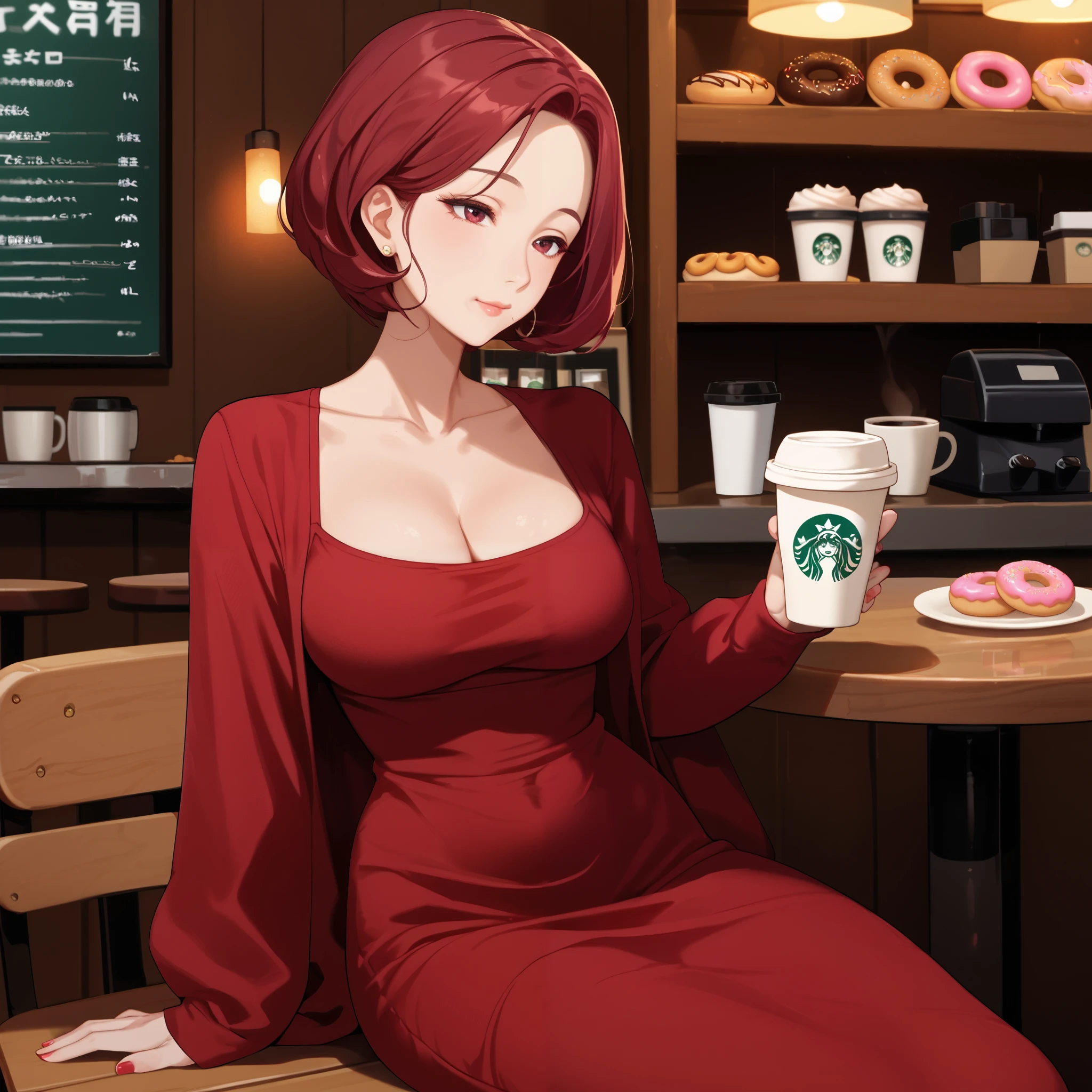 score_9, score_8_up, score_7_up, (1milf, solo), 30years old, (maroon short hair, round bob, forehead), (dongtan dress, medium breasts, cleavage, collarbone), (in the coffee shop, sitting on the wooden chair, coffee cup on the wooden table), eating donuts