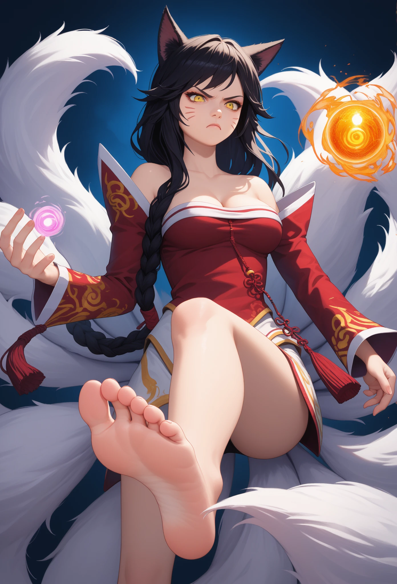 score_9, score_8_up, score_7_up, ahridefault, slit pupils, animal ears, facial mark, fox tail, multiple tails, long hair, single braid, black hair, yellow eyes, large breasts, korean clothes, collarbone, bare shoulders, cleavage, detached sleeves, solo, energy ball, dynamic pose, looking down at you，Close-up of the soles of the feet，Expose the soles of your feet，scowling，4k, 