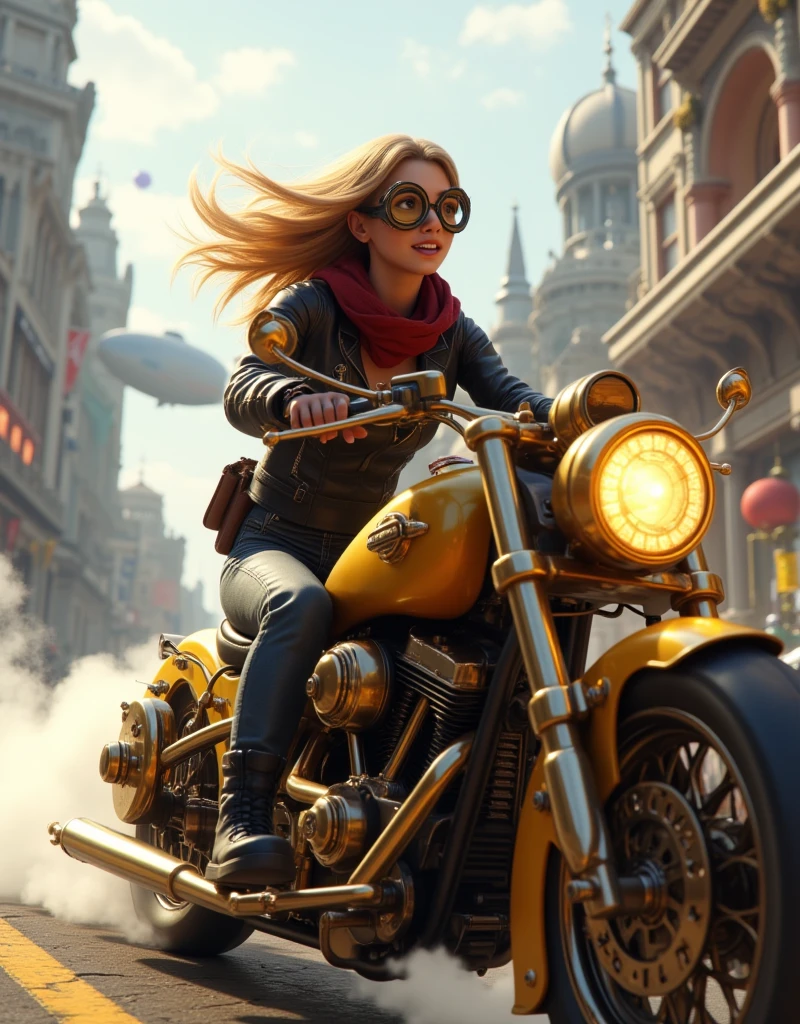 ((maximum quality , photorealism ,16 render ,UHD,HDR color,sci-fi),steampunk стиль)  close-up of a girl with blond hair blowing in the wind ,в очках в стиле steampunk( with the advantage of mechanical goggles ), rides a steam bike ( a motorcycle powered by a steam engine , steam exhaust on the sides ), incredible steam motorcycle , exquisite body made of polished brass and steel ,механизмы в стиле steampunk, girl in a developing red scarf around her neck ,leather jacket (steampunk куртка)  gray pants and black leather boots ,  rides fast on on a steam motorcycle ,  on in the background of an incredible fantastic city with teele stepunk ( combining mechanisms , steam and steam engine power from Victorian England ),  steam airships ,  steam carriages without horses , In the distance, an 18th century steam locomotive drags ,(steampunk),yotorealism , steam motorcycle , ruby emits thick clouds of steam ,