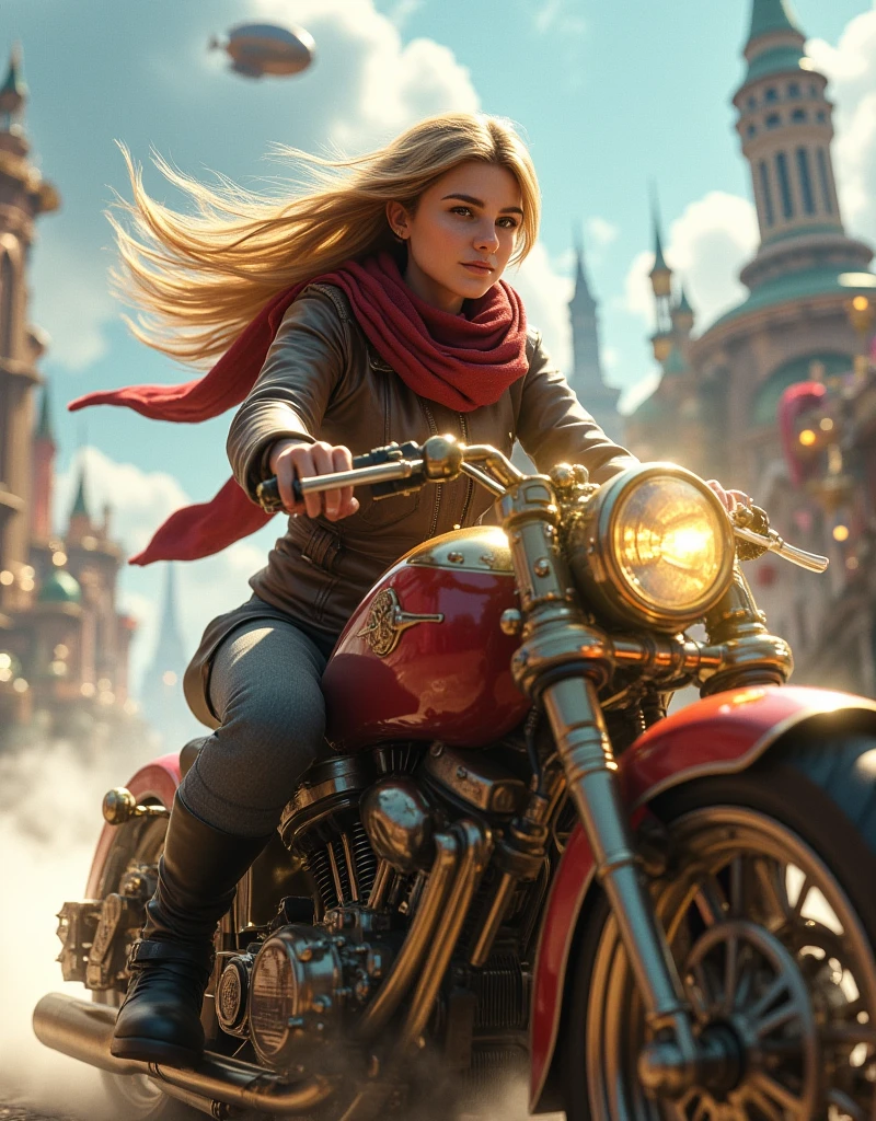 ((maximum quality , photorealism ,16 render ,UHD,HDR color,sci-fi),steampunk стиль)  close-up of a girl with blond hair blowing in the wind ,в очках в стиле steampunk( with the advantage of mechanical goggles ), rides a steam bike ( a motorcycle powered by a steam engine , steam exhaust on the sides ), incredible steam motorcycle , exquisite body made of polished brass and steel ,механизмы в стиле steampunk, girl in a developing red scarf around her neck ,leather jacket (steampunk куртка)  gray pants and black leather boots ,  rides fast on on a steam motorcycle ,  on in the background of an incredible fantastic city with teele stepunk ( combining mechanisms , steam and steam engine power from Victorian England ),  steam airships ,  steam carriages without horses , In the distance, an 18th century steam locomotive drags ,(steampunk),yotorealism , steam motorcycle , ruby emits thick clouds of steam ,