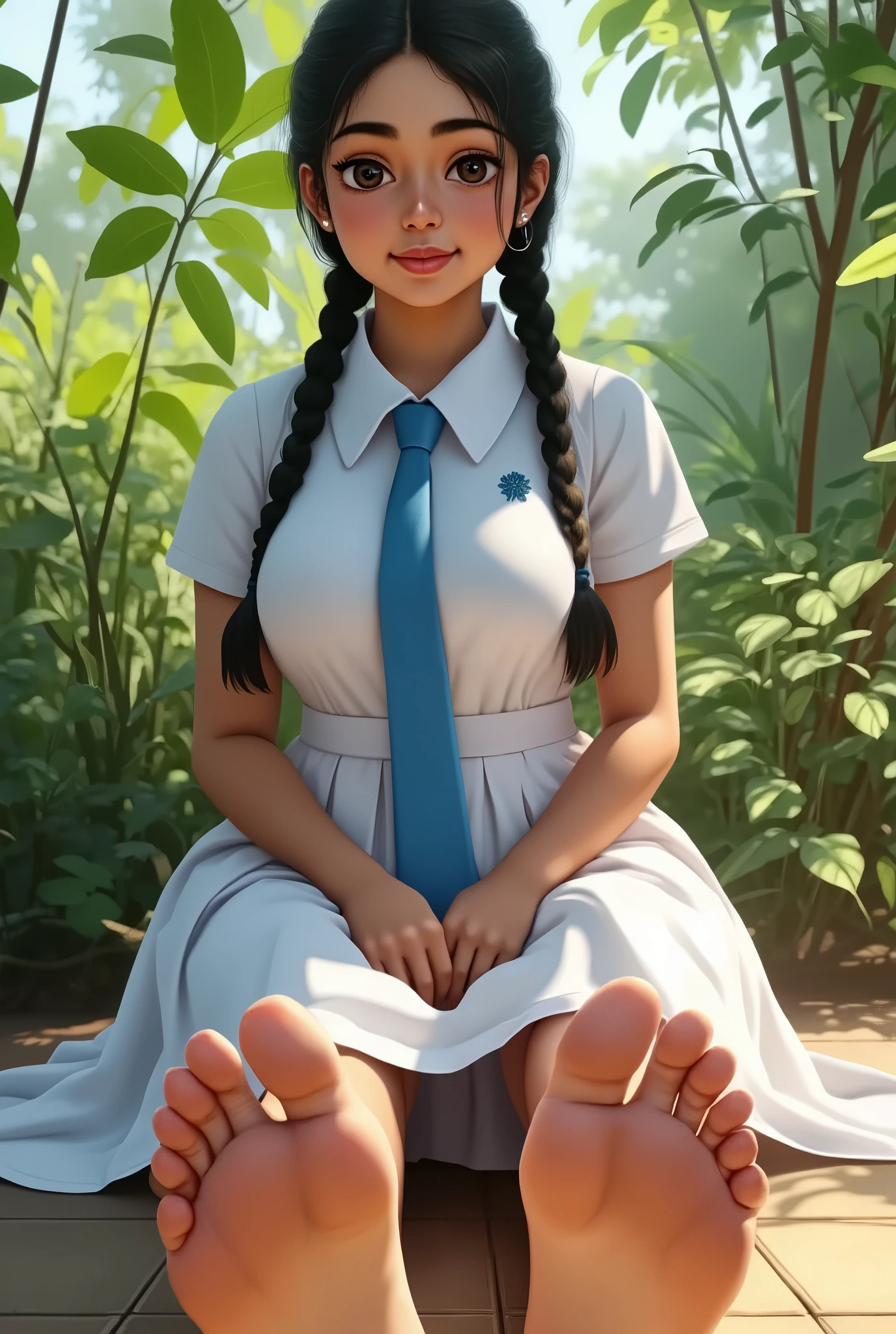beautiful cute Sri Lankan school girl, in barefoot, Large breast size , 20 years old, wearing a white frock and a blue tie. She has plaits, black braided long hair, barefoot, correct anatomy of feet and other body parts, feet focus, sitting on the floor, brown skin tone, sweaty skin