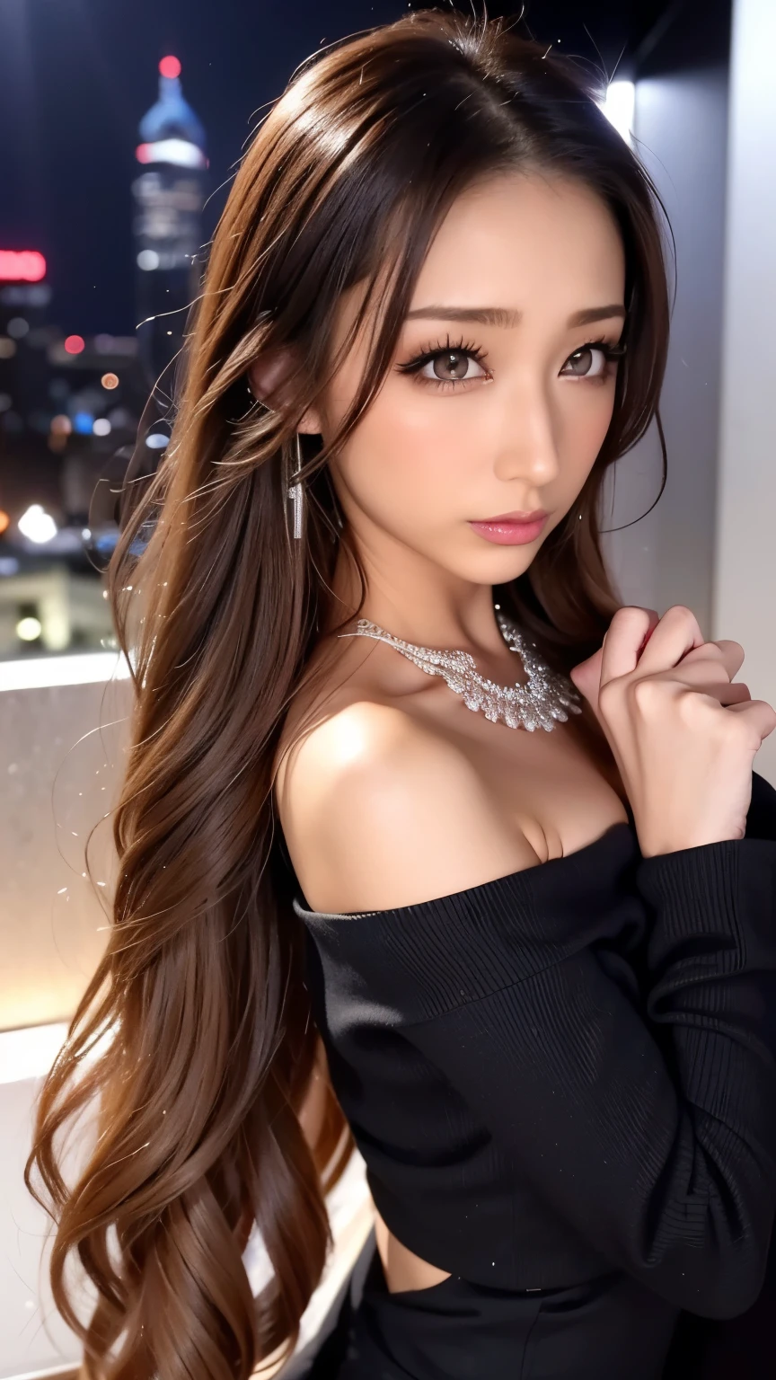 (   cowboy shot、   top quality  、8k、 Award-winning works 、    Ultra-fine  )、 beautiful woman、(  She shows off her perfect body in a black sweater , Sexy Breasts:1.1)、Perfect big 、( blonde alone:1.1)、 bright color contacts 、Perfect gal makeup、   t-shirt、Very sexy lips、( very heavy gal makeup:1.2)、(  A gloss lipstick that is dark brown and light around the eyes and bright enough to show both sides of the   :1.1)、 Beautiful Bright Eye Shadow 、 Dark Makeup Around Eyes 、(Big Breasts:1.2)、Super Long Wavy Hair 、(Romantic affection:1.1)、  、(  Gloss lipstick so bright that many women can see both sides of the   ........:1.1)、(Strongly blurred、  clear image of luxury hotel swimming pool at night :1.1)、(Strongly blurred background:1.1)、 accurate anatomy、   ultra HD hair、(    Ultra-fine  の完璧な美しい歯:1.1)、  Ultra-fineの美しい顔 、   ultra HD curls super long hair  、 See-through Bang 、Ultra HD Shining Eyes、輝く    Ultra-fine  の美肌、    Ultra-fine  の艶やかな唇、   Harry Winston necklace   