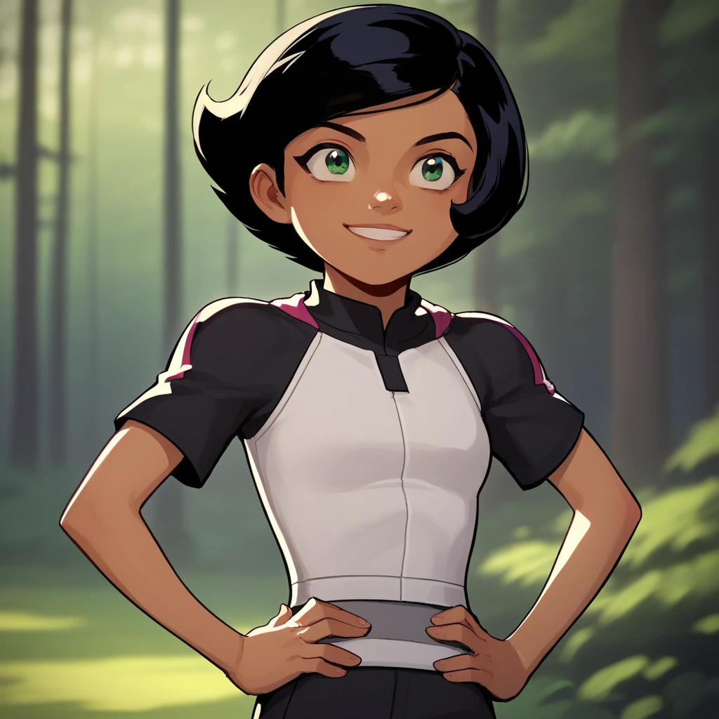 score_7_up, BREAK, 1girl, solo, Megan, black hair, short hair, green eyes,  tan, dark skin,  forest, blurry background, standing, hands on hips, smile, black short sleeves