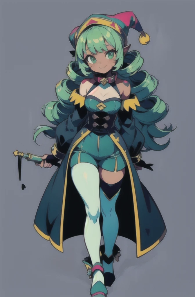 (masterpiece, ultra-detailed, high resolution, best quality:1.2), (anime, simple background, plain background, RPG character, concept art), (full body, 1girl, (loli:1.4)), ((wave drill hair:1.2), long wavy drill hair that flows down to the waist, green hair), (dark skin:1.5), (bare shoulders, her arms have long false sleeves, puffy cuffs), (halter neck, tight fitting clothes, tight fitting high waist shorts, pantyhose), (medieval Jester outfit:1.2), (jester hat:1.2), (Blue-Green outfit), (cute smile, green eyes, collar, thick thighs)