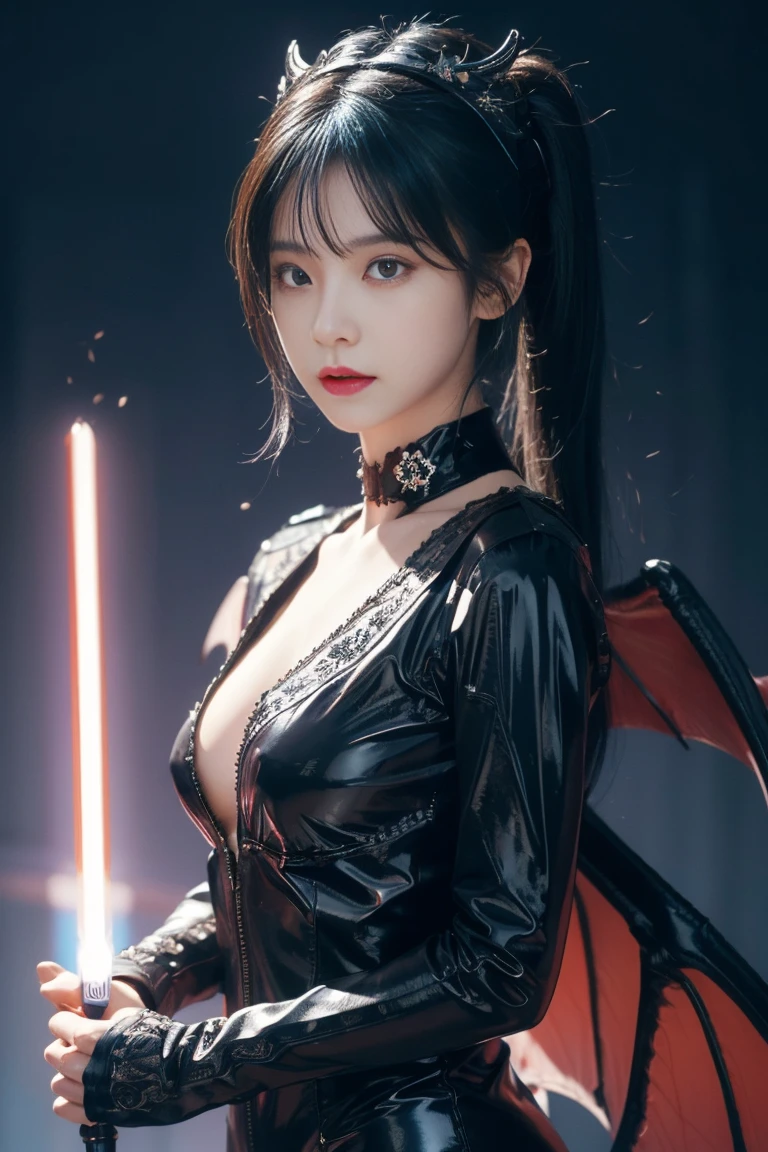 (masterpiece,highest quality,超A high resolution),japanese woman, (((very beautiful 15 year old girl))), pretty girl、look at the photographer、Front view, ((bob hair)), super cute face, glossy lips, double eyelids in both eyes, natural makeup, length eyelashes, shiny smooth hair, center image, perfect limbs, perfect anatomy,(((Black leather sailor suit、black leather pleated skirt、belly button))),(((Black leather knee-high boots))), (((A very cute 16-year-old succubus)))、(((length)))、(((above the head4devil horns in the book)))、(((black dragon wings))、(((moon background)))