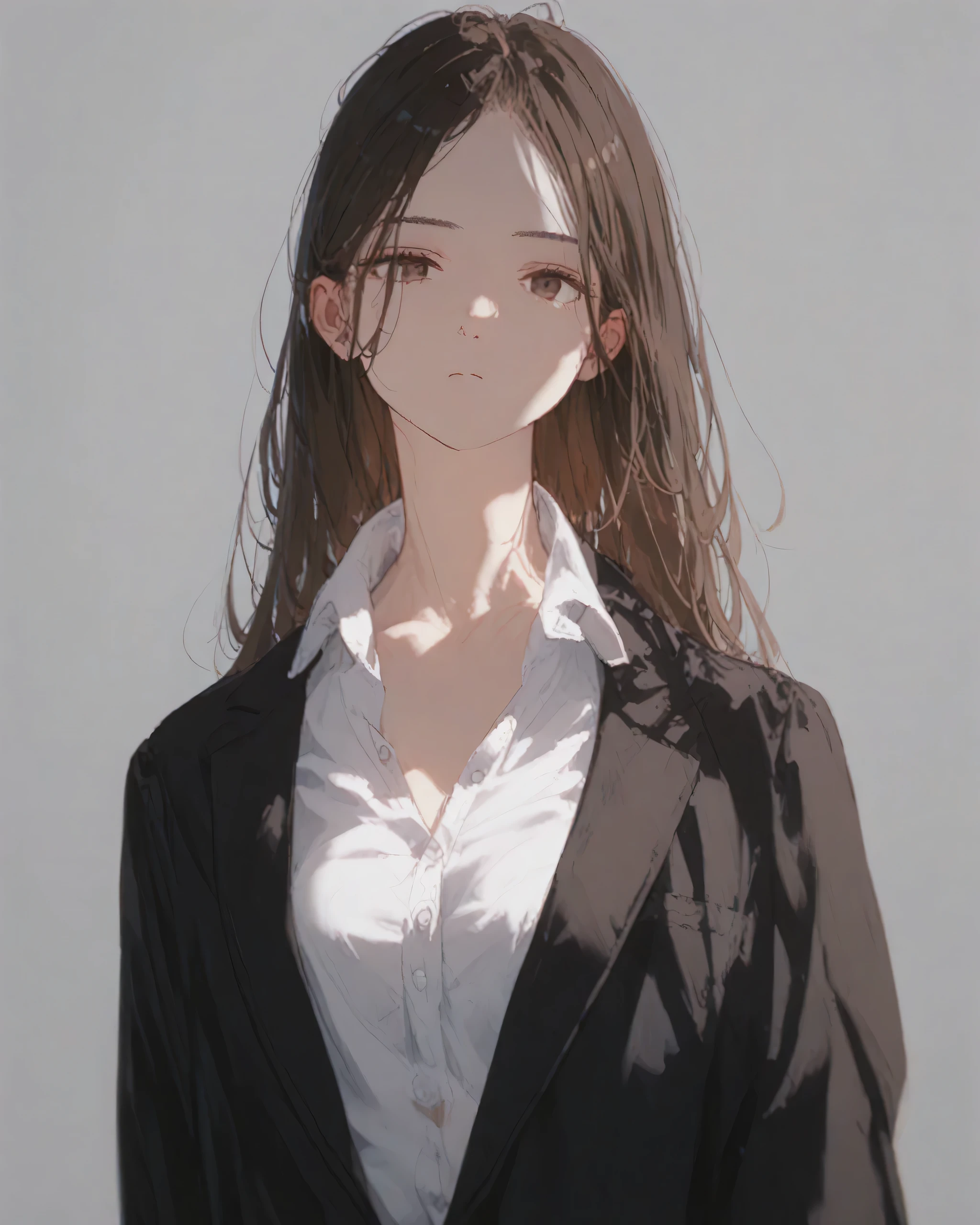 Woman, black brown hair, long straight hair, no bangs, innocent and nice looking face, 157cm tall, big chest for small size, black suit with long tie a little loose and top buttoned, expressionless, front