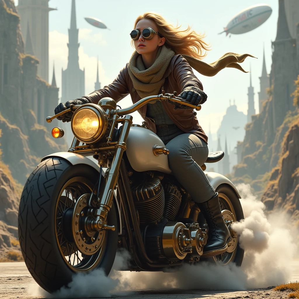 ((maximum quality , photorealism ,16 render ,UHD,HDR color,sci-fi),steampunk стиль)  close-up of a girl with blond hair blowing in the wind ,в очках в стиле steampunk( with the advantage of mechanical goggles ), rides a steam bike ( a motorcycle powered by a steam engine , steam exhaust on the sides ), incredible steam motorcycle , exquisite body made of polished brass and steel ,механизмы в стиле steampunk, girl in a developing red scarf around her neck ,leather jacket (steampunk куртка)  gray pants and black leather boots ,  rides fast on on a steam motorcycle ,  on in the background of an incredible fantastic city with teele stepunk ( combining mechanisms , steam and steam engine power from Victorian England ),  steam airships ,  steam carriages without horses , In the distance, an 18th century steam locomotive drags ,(steampunk),yotorealism , steam motorcycle , ruby emits thick clouds of steam ,