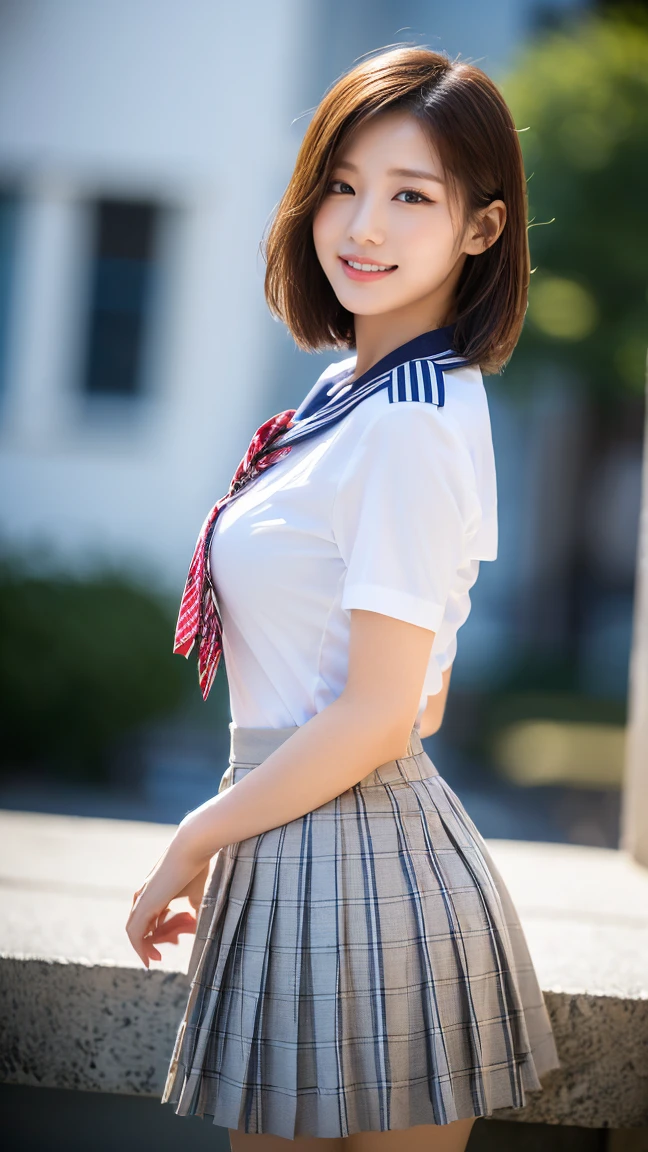 (A stunning Japanese-Korean lady in snowy night, natural pose, wearing a traditional Serafuku, Seifuku, tight white shirt, white blouse button-down, translucent short-sleeve, plaid skirt, pleated skirt, red bow-tie, red ribbon, sailor scarf, youthful charms, smooth complexion, beautiful detailed face, beautiful detailed eyes and lips, long eyelashes, slender figure, perfect body proportion, friendly expression, snaggle-tooth, cute dimples, kind smile, short hair, short layered hair, side ponytail, bob hair, a confident & poised demeanor, Looking at viewer, 

Blurred background, Bokeh effect, ultra-detailed,
(best quality, 4k, 8k, high-resolution), 
(masterpiece:1.28), award-winning,
(realistic, photorealistic, photo-realistic:1.37),
HDR, UHD, studio lighting, ultra-fine painting,
sharp focus, physically-based rendering, extreme detail description, professional photography, vivid colors, SFW, Safe for Work, Cowboy Shot, Close-up Shot, High Angle Shot,, from side, from behind,)