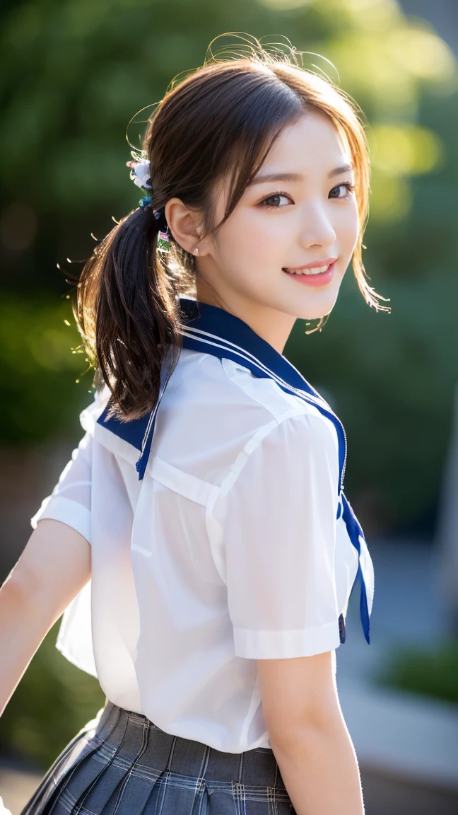 (A stunning Japanese-Korean lady in snowy night, natural pose, wearing a traditional Serafuku, Seifuku, tight white shirt, white blouse button-down, translucent short-sleeve, plaid skirt, pleated skirt, red bow-tie, red ribbon, sailor scarf, youthful charms, smooth complexion, beautiful detailed face, beautiful detailed eyes and lips, long eyelashes, slender figure, perfect body proportion, friendly expression, snaggle-tooth, cute dimples, kind smile, short hair, short layered hair, side ponytail, bob hair, a confident & poised demeanor, Looking at viewer, 

Blurred background, Bokeh effect, ultra-detailed,
(best quality, 4k, 8k, high-resolution), 
(masterpiece:1.28), award-winning,
(realistic, photorealistic, photo-realistic:1.37),
HDR, UHD, studio lighting, ultra-fine painting,
sharp focus, physically-based rendering, extreme detail description, professional photography, vivid colors, SFW, Safe for Work, Cowboy Shot, Close-up Shot, High Angle Shot,, from side, from behind,)