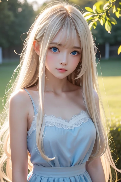 Bright expression、 Photorealism、 top quality、超A high resolution、picture、Photo of a very beautiful girl of Scandinavian origin、Extraordinary, very white, beautiful girl in the world 、 cute and beautiful face details 、( Pueros Face _v1:0.008)、美しいbangs、 Alice in Wonderland、first time々16 year old with an innocent young face 、Radiant, fair, glowing skin、Facial hair、顔まで伸びるbangs、目の間のbangs、 super long hair 、Glamorous bright natural platinum blonde super long straight silky hair、Thin Hair、 charming, beautiful, bright, very bright, light blue eyes、 white apron、 Blue Dress 、 eyeliner 、 double eyelids 、Ample Bust、 long hair, bangs, Blonde, 目の間のbangs, とても long hair,  hair to hide one eye,  shiny hair, Straight Hair, Hair in the eyes, Super long hair, Too much hair,  unknotted hair, 