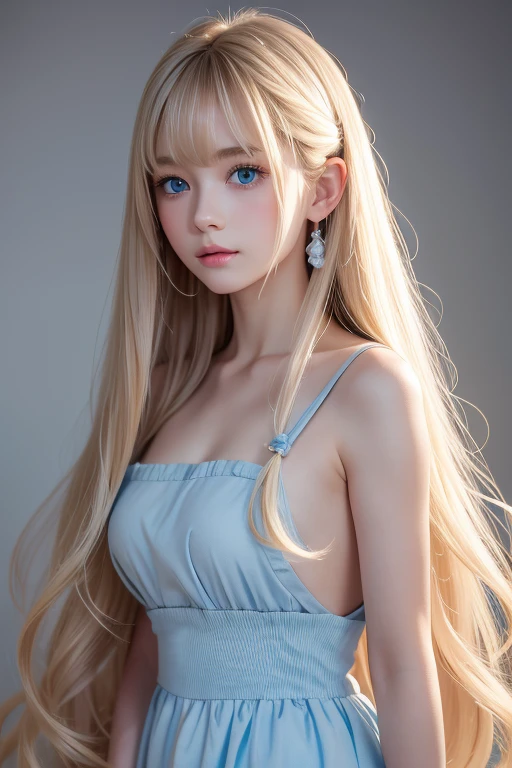 Bright expression、 Photorealism、 top quality、超A high resolution、picture、Photo of a very beautiful girl of Scandinavian origin、Extraordinary, very white, beautiful girl in the world 、 cute and beautiful face details 、( Pueros Face _v1:0.008)、美しいbangs、 Alice in Wonderland、first time々16 year old with an innocent young face 、Radiant, fair, glowing skin、Facial hair、顔まで伸びるbangs、目の間のbangs、 super long hair 、Glamorous bright natural platinum blonde super long straight silky hair、Thin Hair、 charming, beautiful, bright, very bright, light blue eyes、 white apron、 Blue Dress 、 eyeliner 、 double eyelids 、Ample Bust、 long hair, bangs, Blonde, 目の間のbangs, とても long hair,  hair to hide one eye,  shiny hair, Straight Hair, Hair in the eyes, Super long hair, Too much hair,  unknotted hair, 