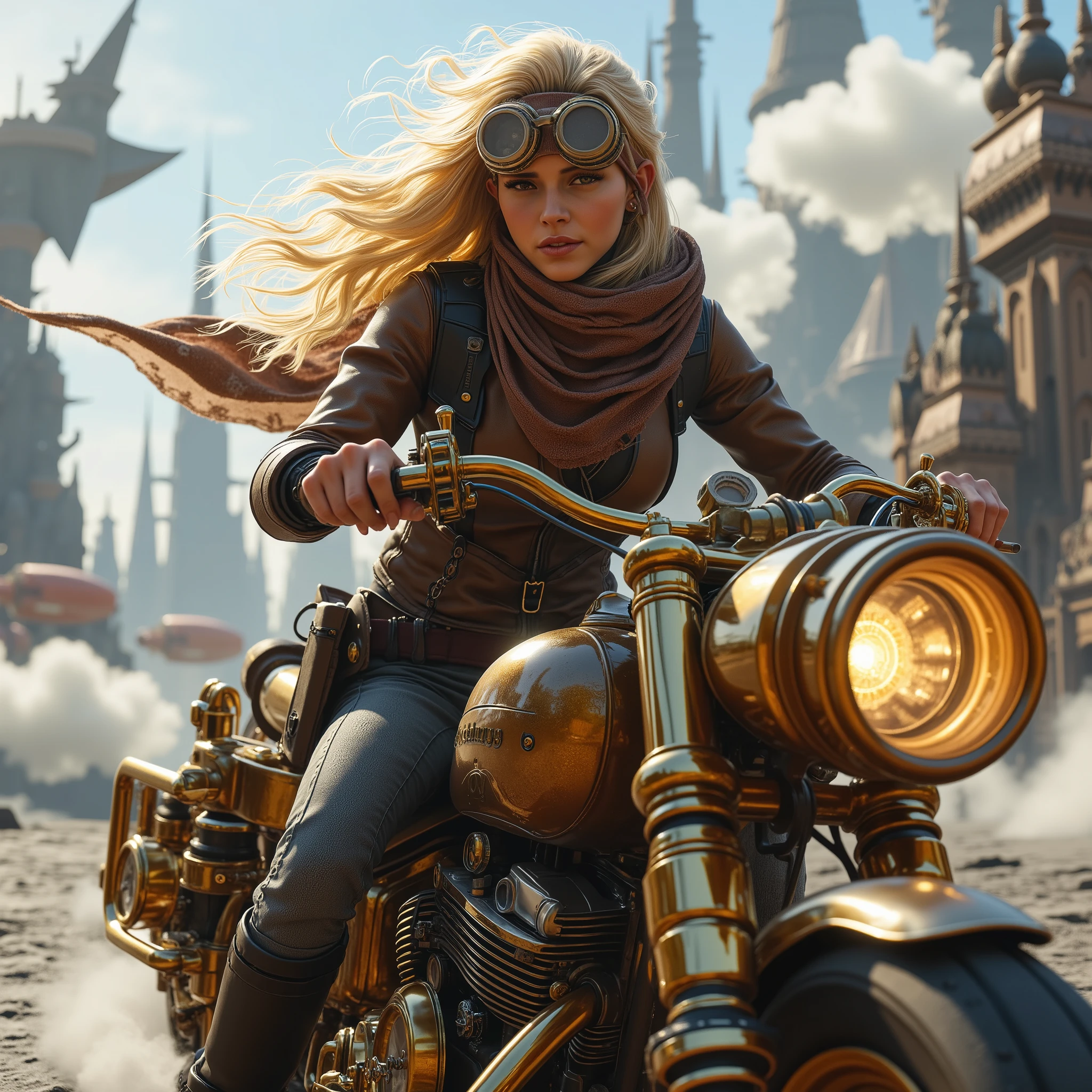 ((maximum quality , photorealism ,16 render ,UHD,HDR color,sci-fi),steampunk стиль)  close-up of a girl with blond hair blowing in the wind ,в очках в стиле steampunk( with the advantage of mechanical goggles ), rides a steam bike ( a motorcycle powered by a steam engine , steam exhaust on the sides ), incredible steam motorcycle , exquisite body made of polished brass and steel ,механизмы в стиле steampunk, girl in a developing red scarf around her neck ,leather jacket (steampunk куртка)  gray pants and black leather boots ,  rides fast on on a steam motorcycle ,  on in the background of an incredible fantastic city with teele stepunk ( combining mechanisms , steam and steam engine power from Victorian England ),  steam airships ,  steam carriages without horses , In the distance, an 18th century steam locomotive drags ,(steampunk),yotorealism , steam motorcycle , ruby emits thick clouds of steam ,