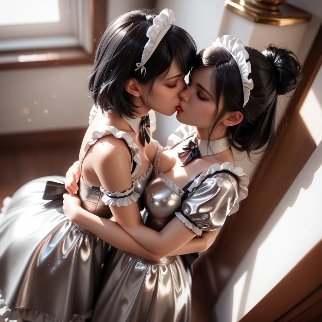 2 girls in extremely tight shiny silver latex maid dress, Dutt,  black hair, Lens reflection,  reflecting light , Make-up, kiss,from above, hug,Wide angle, 