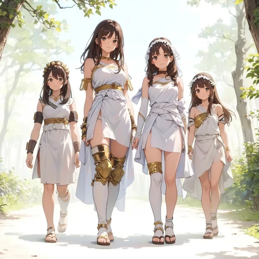 young greek warriors girls in togas , only girls , forest in the background , sandals , sexy , multiple girls , five girls