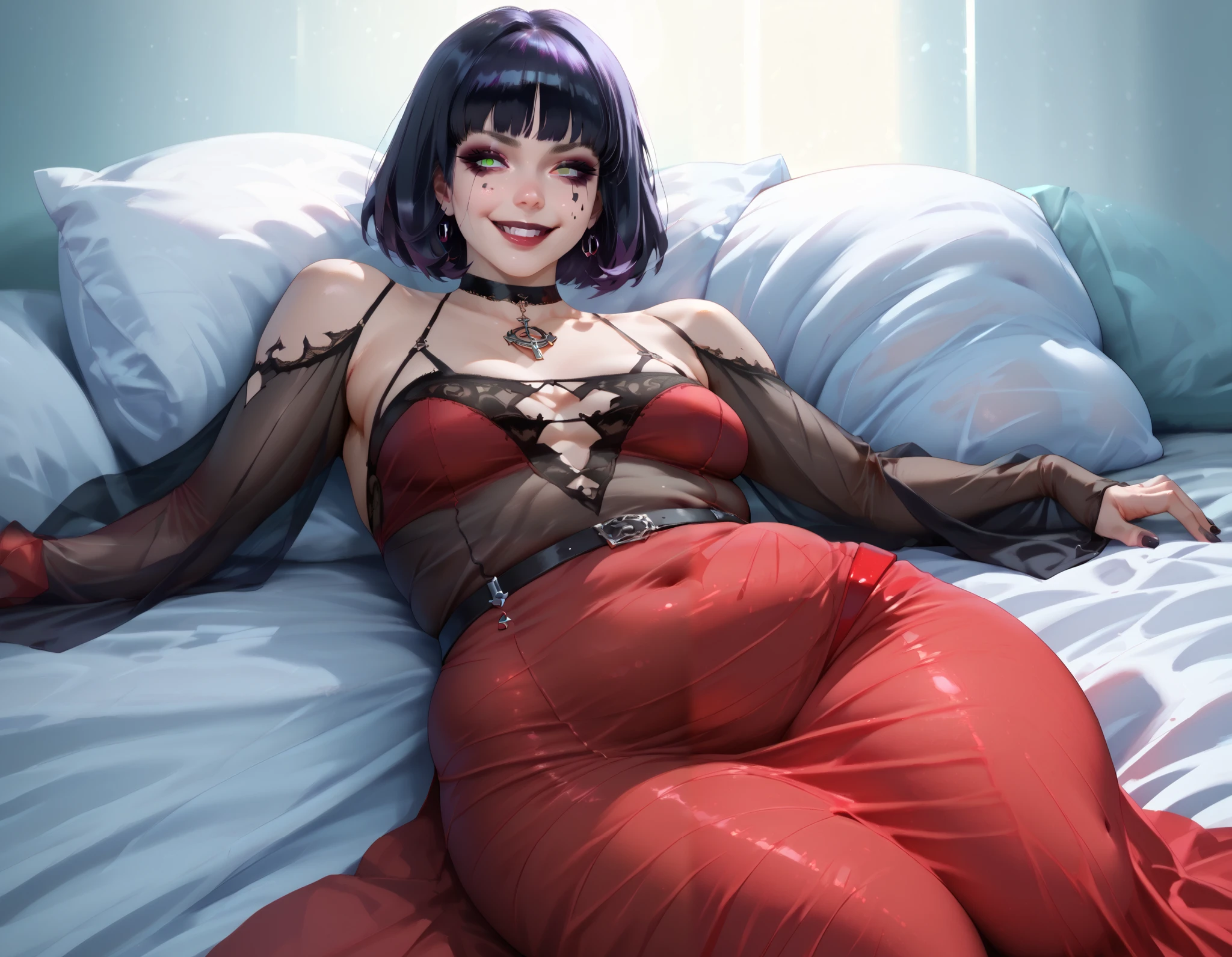 By wlop, one goth girl, (), g4n1m3, tight belt, ((horny, begging for intimacy)), ((small breasts)). ((Very Wide hips, chubby belly underhang)) big smile, sagging breasts,,((covered breasts)) laying on her side in bed, wearing a nude dress, see through dress ((volumetric and specular lighting))