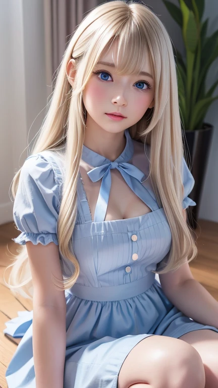（（（European Caucasian Woman）））、（（（Mary, 18 years old）））、one person、（Thin contours、Grey Eye:1.5）、（Thin contours）、Big Breasts、Narrow waist、（（（White and translucent skin:1.3）））、Beautiful, shiny blonde medium-long hair、8-head-tall model style、Tokyo cityWear、 (((masterpiece))), (((Highest quality: 1.4))), ((Very detailedな: 1.4)) , Urzan-6500-v1.1,  (RAW Photos:1.2), (Realistic), (See through:1.3), (masterpiece), (Genuine:1.4), Very detailed, Sharp focus, tensura:bright valentine、一人のbeautiful女性, ((beautiful, Shiny silver grain、Detailed face、((Right eye is red、Bright blue left eye))、Gothic Lolita Maid Clothing、Knee-high socks、