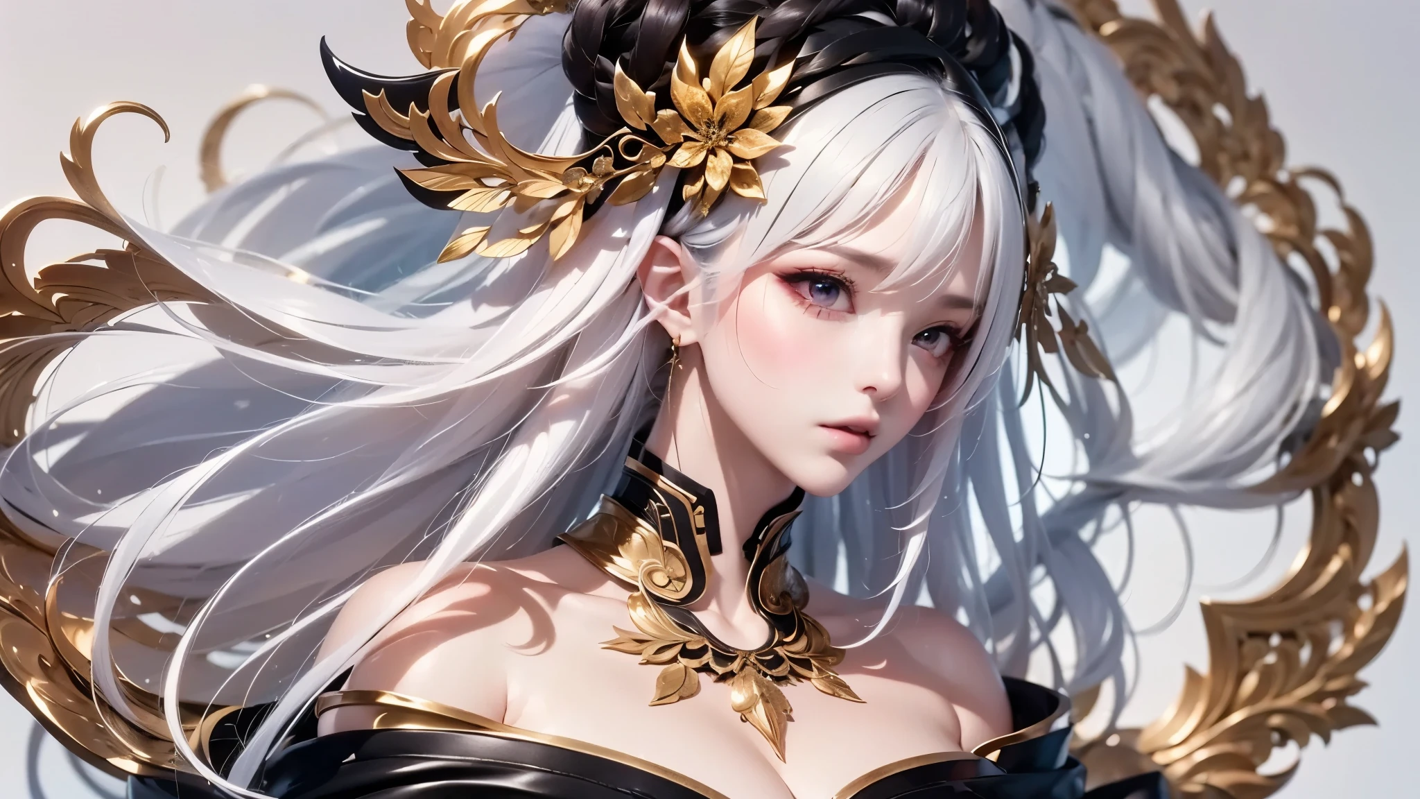 super high quality, masterpiece, Perfect illustration, Very detailed:1.6,　white barance, 1girl, 23 years old, cute girl, white hair, sharp and big beautiful eyes, medium breasts, bright skin. fantasy royalty, onmyoji, majesty, asian dress. black and gold clothes. simple background, white background, white dust. hanbok、Chinese royal clothing, profile
