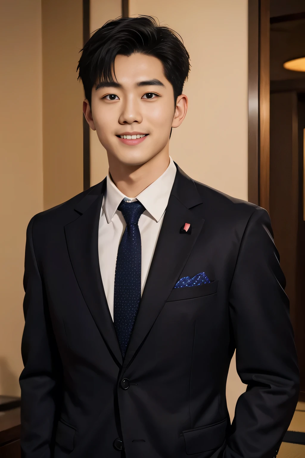 Arafed asian man in a suit and tie standing in a hotel room - SeaArt AI