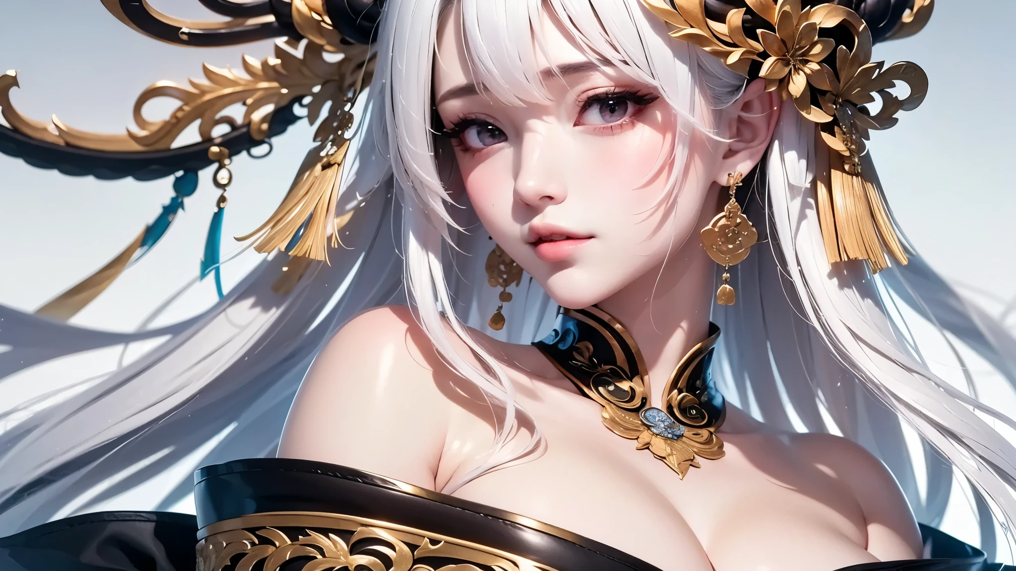 super high quality, masterpiece, Perfect illustration, Very detailed:1.6,　white barance, 1girl, 23 years old, cute girl, white hair, sharp and big beautiful eyes, medium breasts, bright skin. fantasy royalty, onmyoji, majesty, asian dress. black and gold clothes. simple background, white background, white dust. hanbok、Chinese royal clothing, profile
