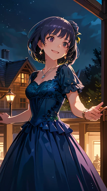 (( top quality)), ((masterpiece)), (  Details),  perfect face, ( top quality), (  Details skin:1.3), ( intricate details), ,  ball gown , ((midnight blue dress )),  Deep Neckline ,  green emerald necklace,  earrings,  has an enchanting smile, ( medium hair, Purple Hair), Terrace seating at night