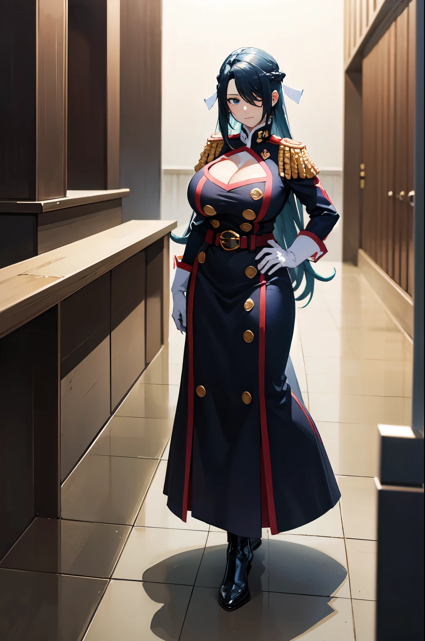 1 women, (((huge  tits))), busty, thick, long skirt, ((emotionless)), masterpiece, best quality, high resolution, 2D, anime cels, best quality, high resolution, 1girl, azuma fubuki, ((black millitary uniform)), cleavage,  white background, long hair, hair ribbon,  hand on hip,