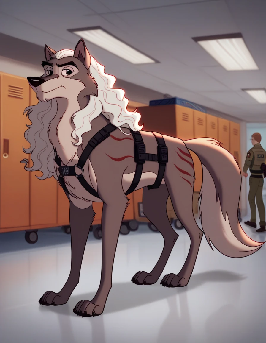 score_9, score_8_up, score_7_up, score_6_up,   adult, Anthropomorphic, wolf, black airport security shirt, harness, airport cargo room, Chain collar,long haired, wavy hair, Disney art style, human body, safety gear, tactical uniform, reflective Stripes, facial hair, sniffing in the airport cargo room, furry wolf, long slender snout, long wavy hair, extra long fluff, sniffling boxes, no humans, Accurate, Anatomically Correct, quadruped, walking on all fours 